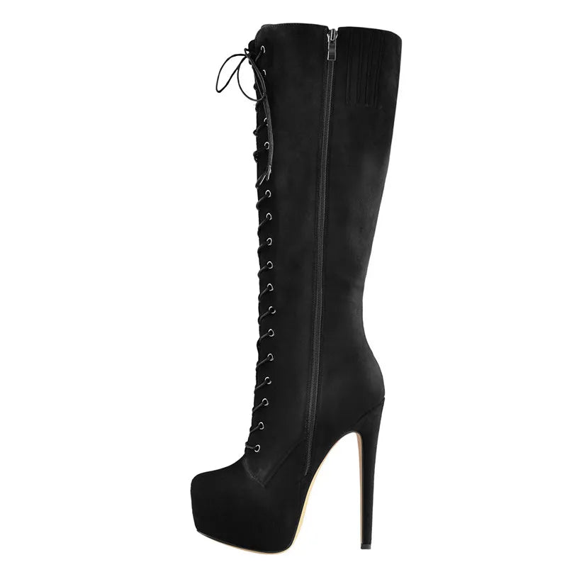 Women'S round Toe Stiletto Platform Zipper Knee High Boots High Heel Lace up plus Size Winter Fashion Sexy Boots