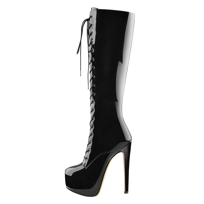 Women'S round Toe Stiletto Platform Zipper Knee High Boots High Heel Lace up plus Size Winter Fashion Sexy Boots