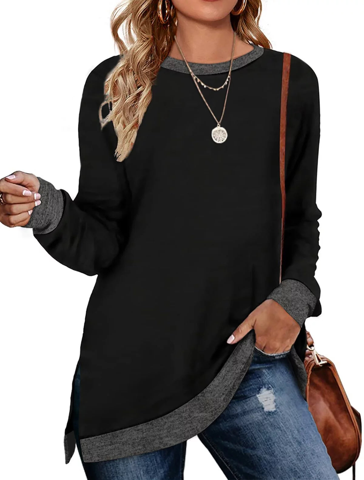 Sweatshirt for Women Long Sleeve Shirts Tunic Tops Color Block Crewneck Sweatshirts Side Split