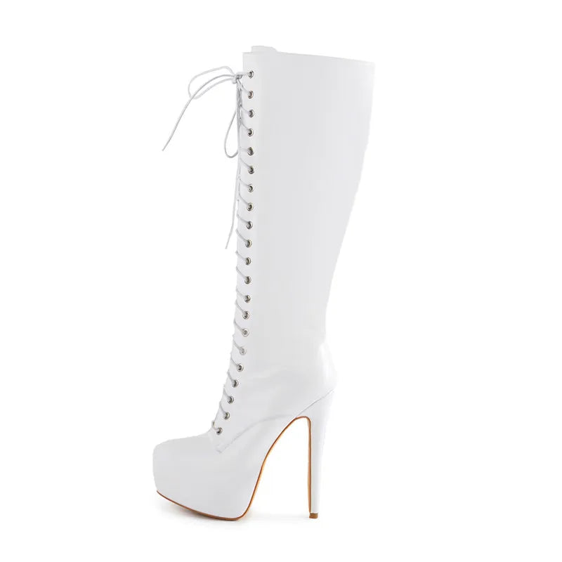 Women'S round Toe Stiletto Platform Zipper Knee High Boots High Heel Lace up plus Size Winter Fashion Sexy Boots