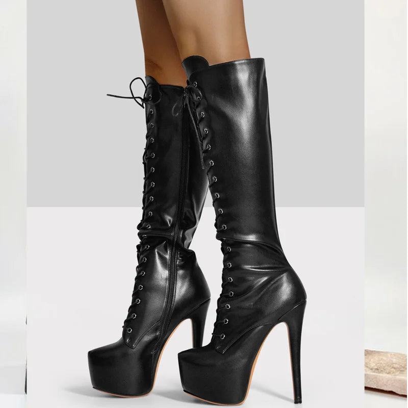 Women'S round Toe Stiletto Platform Zipper Knee High Boots High Heel Lace up plus Size Winter Fashion Sexy Boots