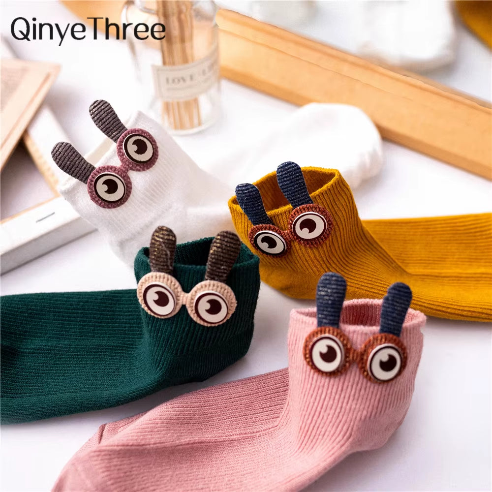 New Women'S Spring Summer Cartoon 3D Big Eyes Rabbit Eared Short Tube Socks Novelty Funny Soft Cotton Ankle Sokken Gift