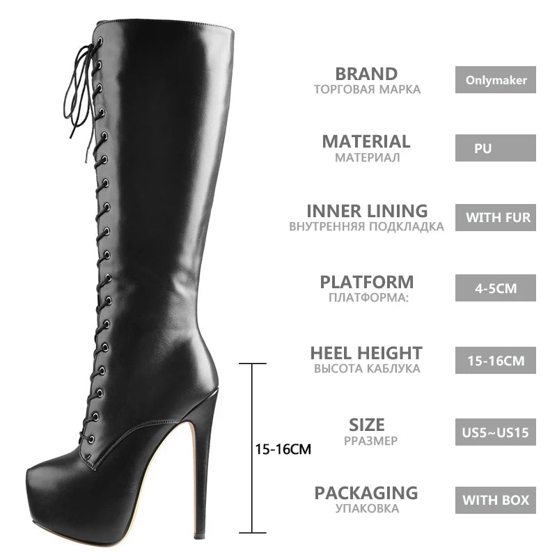 Women'S round Toe Stiletto Platform Zipper Knee High Boots High Heel Lace up plus Size Winter Fashion Sexy Boots